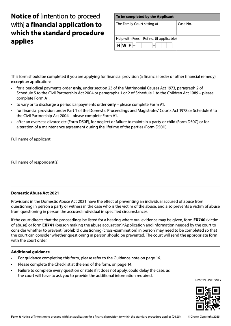 Form A Notice of [intention to proceed with] an application for a financial order preview